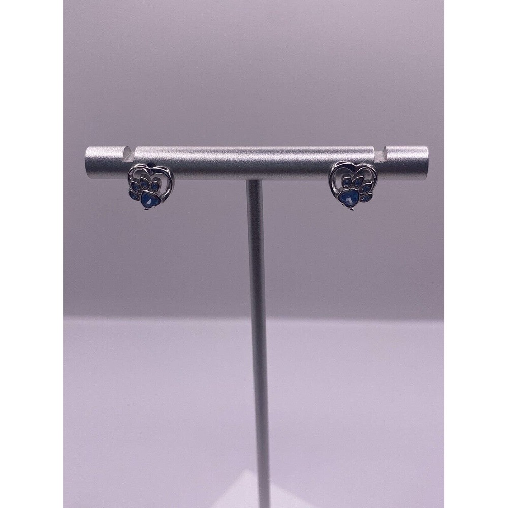 Blue Cz Dog Paw Surrounded By Heart Earrings Sterling Silver